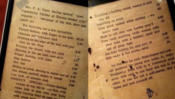London 1912 brothel menu