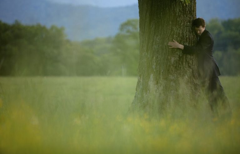 Man hugging tree
